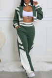 Black Sportwear Casual Striped Contrast Zip-up Stand Collar Long Sleeve Jacket and Straight Leg Sweatpants Fall Winter Two Pieces Sweatsuit Sets