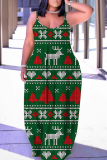 Light Blue Casual Christmas-Themed Print Print Backless Spaghetti Strap Long Maxi Slip Dresses