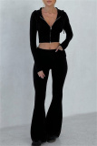 Pink Bodycon Casual Hooded Zip-up Long Sleeve Short Jacket and Flare Leg Pants Fall Winter Two Pieces Sweatsuit Sets