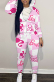 Pink Skinny Sportwear Casual leopard Letter Print Hooded Zip-up Long Sleeve Jacket and Pencil Sweatpants Fall Winter Two Pieces Sweatsuit Sets