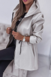 Grey Casual Draw String Pocket Hooded Zip-up Long Sleeve Fall Winter Coats Jackets Outerwear