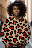 Dark Pink Loose Casual Leopard Print Draw String Hooded Collar Long Sleeve Fall Winter Sweatshirts Tops