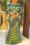 Green Gradient Weddings Formal Gown With Sheer Overlay Scalloped Pattern 3/4 Sleeves Bodycon African Print Maxi Dress