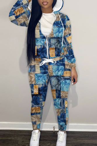 Blue Skinny Sportwear Casual Colorblock Leaf Print Hooded Zip-up Long Sleeve Jacket and Pencil Sweatpants Fall Winter Two Pieces Sweatsuit Sets