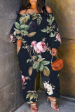 Multicolor Loose Casual Floral Print Off Shoulder Long Lantern Sleeve Overall Jumpsuits