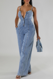 Light Blue Casual Pocket Button up Backless Spaghetti Strap Loose Wide Leg Denim Cami Jumpsuits