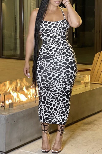 Camouflage Graphic Print Sleeveless Backless Spaghetti Strap Long Bodycon Maxi Slip Dress