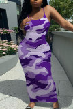 Pink Camouflage Graphic Print Sleeveless Backless Spaghetti Strap Long Bodycon Maxi Slip Dress