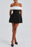 Black White Color Block Evening Party Formal Sleeveless Off-Shoulder A Line Mini Dresses