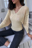 Apricot Casual Cut Out V Neck Long Batwing Sleeve Waisted Fall Winter Knitted Sweater Tops Blouses