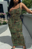 Medium Blue Graphic Print Sleeveless Backless Spaghetti Strap Long Bodycon Maxi Slip Dress