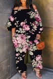 Multicolor Loose Casual Floral Print Off Shoulder Long Lantern Sleeve Overall Jumpsuits