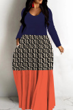Khaki Graphcis Print V Neck Long Sleeve Floor Length Casual Outing Oversized Hem Loose Maxi Dress