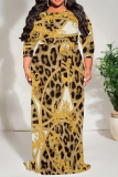 Dark Brown Sequin Gown Evening Leaf Pattern Print Short Sleeve Floor-Length Maxi Dress