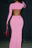 Pink Party Skinny Club Square Neck Long Sleeve Crop Tops and Maxi Wrap Mermaid Skirts Two Pieces Dress Sets
