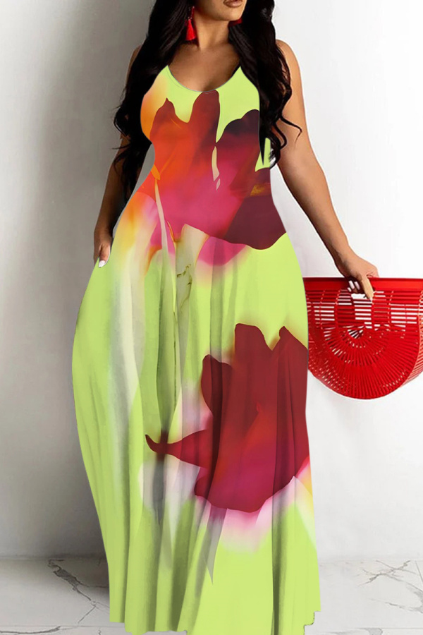 Yellow Casual Graphics Print Print Backless Sleeveless Spaghetti Strap Long Maxi Slip Dresses
