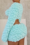 Mint Green Skinny Party Club Vacation Sexy Hot Square Neck Long Sleeve Crop Tops and Mini Skirts Fur Two Pieces Dress Sets