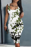 Light Blue Casual Camouflage Print Square Neck Sleeveless Vacation Bodycon Midi Tank Dress