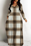 Khaki Graphcis Print V Neck Long Sleeve Floor Length Casual Outing Oversized Hem Loose Maxi Dress