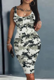 Light Blue Casual Camouflage Print Square Neck Sleeveless Vacation Bodycon Midi Tank Dress