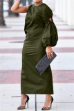 White Puff Sleeves with Cut-Out High Neck Slim Fit Wedding Guests Evening Parties Ruched Maxi Dress