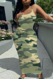 Pink Camouflage Graphic Print Sleeveless Backless Spaghetti Strap Long Bodycon Maxi Slip Dress