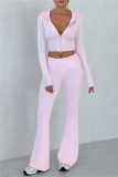 Pink Bodycon Casual Hooded Zip-up Long Sleeve Short Jacket and Flare Leg Pants Fall Winter Two Pieces Sweatsuit Sets