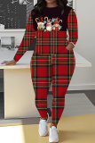 Red Christmas Casual Snowman Santa Print Round Neck Long Sleeve Sweatshirt and Pencil Sweatpants Fall Winter Two Pieces Sweatsuits Sets