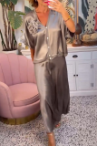 Grey Party Club Formal Button up 3D Flower Decor V Neck Half Sleeve Tops and Long A-line Skirts Two Pieces Dress Sets