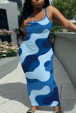 Pink Camouflage Graphic Print Sleeveless Backless Spaghetti Strap Long Bodycon Maxi Slip Dress