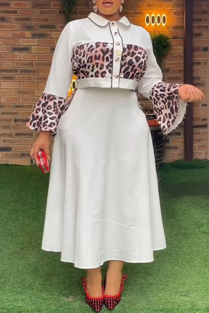 Black Elegant Formal Leopard Print Contrast Buttons Turndown Collar Long Flared Sleeve Shirts and Long A-line Skirts Two Pieces Dress Sets