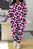 Green Sportwear Casual Leopard Print Round Neck Long Sleeve Sweatshirt and Pencil Sweatpants Fall Winter Two Pieces Sweatsuits Sets