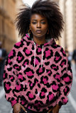 Dark Pink Loose Casual Leopard Print Draw String Hooded Collar Long Sleeve Fall Winter Sweatshirts Tops