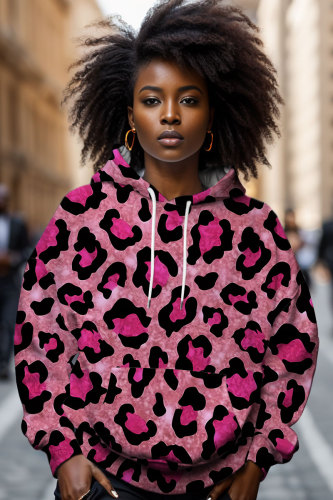 Dark Pink Loose Casual Leopard Print Draw String Hooded Collar Long Sleeve Fall Winter Sweatshirts Tops