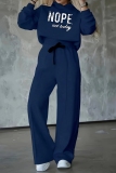 Navy Blue Loose Sportwear Casual Letter Print Hooded Long Sleeve Sweatshirt and Wide Leg Sweatpants Fall Winter Two Pieces Sweatsuits Sets