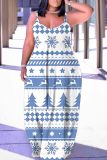 Light Blue Casual Christmas-Themed Print Print Backless Spaghetti Strap Long Maxi Slip Dresses