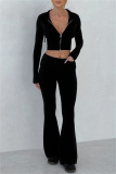 Pink Bodycon Casual Hooded Zip-up Long Sleeve Short Jacket and Flare Leg Pants Fall Winter Two Pieces Sweatsuit Sets