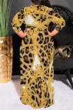 Dark Brown Sequin Gown Evening Leaf Pattern Print Short Sleeve Floor-Length Maxi Dress