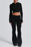 Pink Bodycon Casual Hooded Zip-up Long Sleeve Short Jacket and Flare Leg Pants Fall Winter Two Pieces Sweatsuit Sets