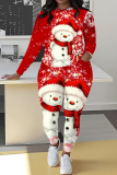 Red Christmas Casual Snowman Santa Print Round Neck Long Sleeve Sweatshirt and Pencil Sweatpants Fall Winter Two Pieces Sweatsuits Sets