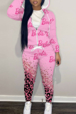 Pink Skinny Sportwear Casual leopard Letter Print Hooded Zip-up Long Sleeve Jacket and Pencil Sweatpants Fall Winter Two Pieces Sweatsuit Sets