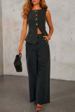 Blue Loose Casual Pocket Button up Round Neck Sleeveless Waisted Vest and Wide Leg Pants Denim Two Pieces Sets