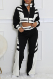 Black Sportwear Casual Striped Contrast Zip-up Stand Collar Long Sleeve Jacket and Straight Leg Sweatpants Fall Winter Two Pieces Sweatsuit Sets