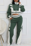 Black Sportwear Casual Striped Contrast Zip-up Stand Collar Long Sleeve Jacket and Straight Leg Sweatpants Fall Winter Two Pieces Sweatsuit Sets