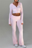 Pink Bodycon Casual Hooded Zip-up Long Sleeve Short Jacket and Flare Leg Pants Fall Winter Two Pieces Sweatsuit Sets