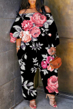 Multicolor Loose Casual Floral Print Off Shoulder Long Lantern Sleeve Overall Jumpsuits