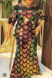 Green Gradient Weddings Formal Gown With Sheer Overlay Scalloped Pattern 3/4 Sleeves Bodycon African Print Maxi Dress
