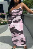 Pink Camouflage Graphic Print Sleeveless Backless Spaghetti Strap Long Bodycon Maxi Slip Dress