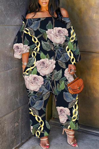 Multicolor Loose Casual Floral Print Off Shoulder Long Lantern Sleeve Overall Jumpsuits