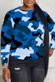 Army Green Loose Cotton Casual Camouflage Print Round Neck Long Sleeve T-Shirts Tops